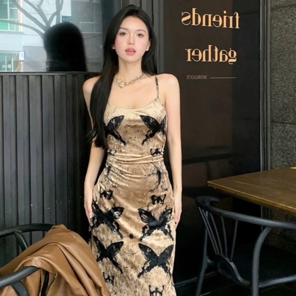 Sexy Velvet black Butterfly golden Strap Dress Retro Style size XS new